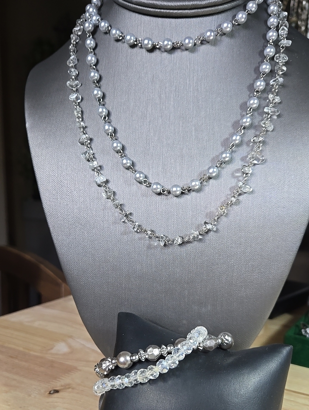 Elegant Silver Pearl and Crystal Layered Necklace Set Of 4